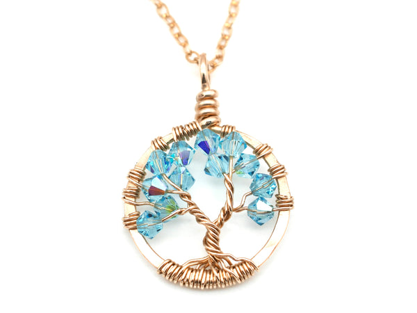 Gold Aquamarine Tree of Life Crystal Necklace (March)
