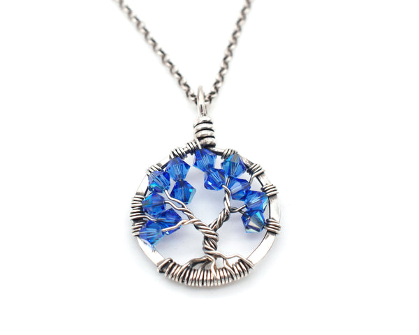 Silver Sapphire Tree of Life Crystal Necklace (September)