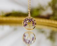 Gold Blue Zircon Tree of Life Crystal Necklace (December)